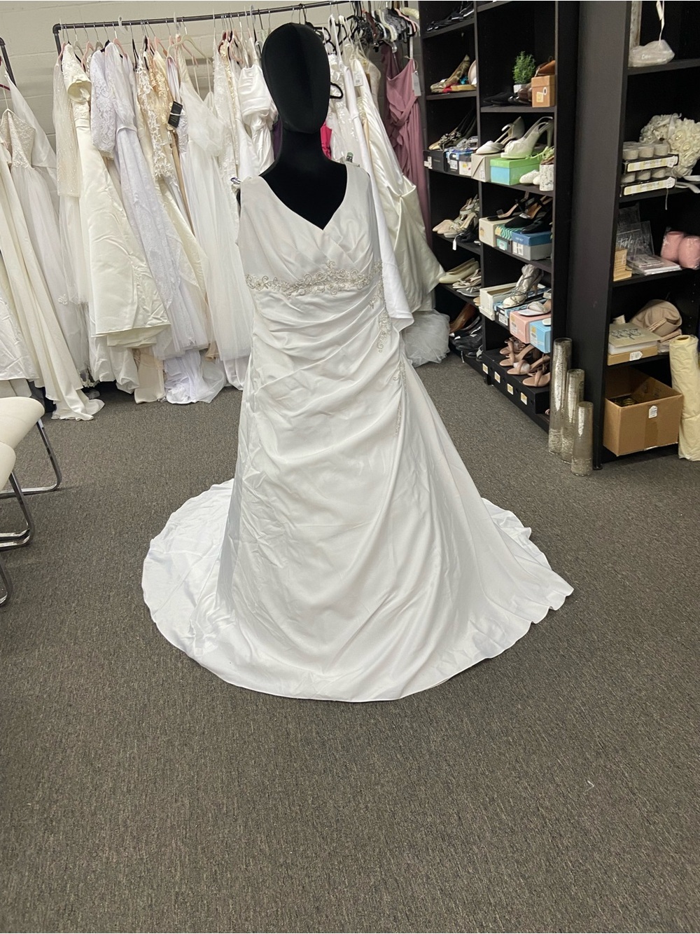 David's Bridal White A-Line Satin Wedding Dress with Beaded Waist